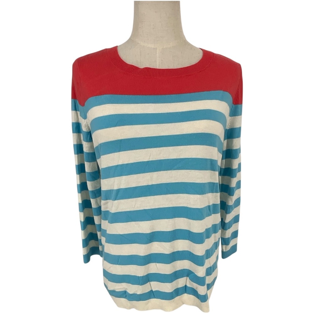 Talbots Womens Striped Sweater Red Blue White Crew Neck Button Back Sz S Classic